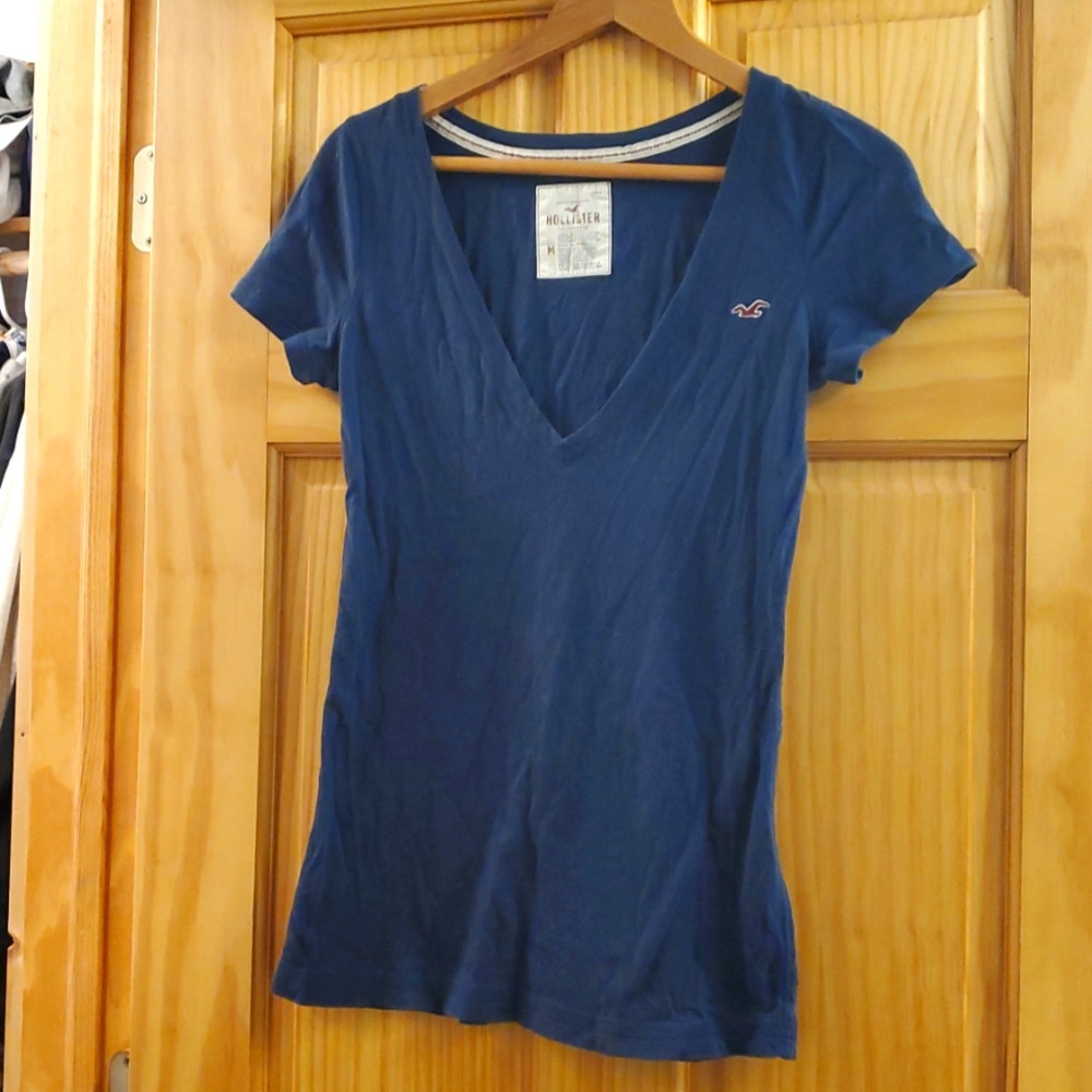 Hollister navy blue deep v-neck shirt